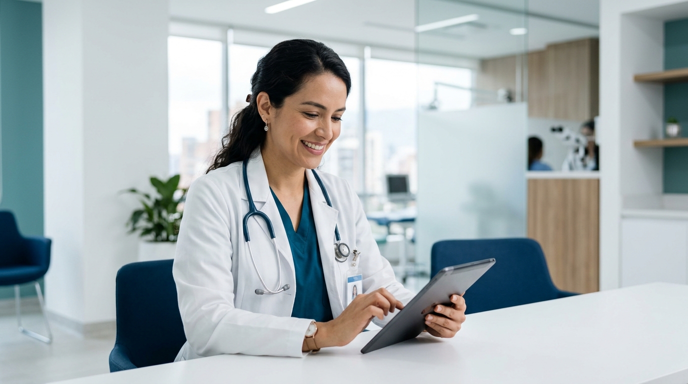 Profesional de la salud usando SUNUBE en una tableta