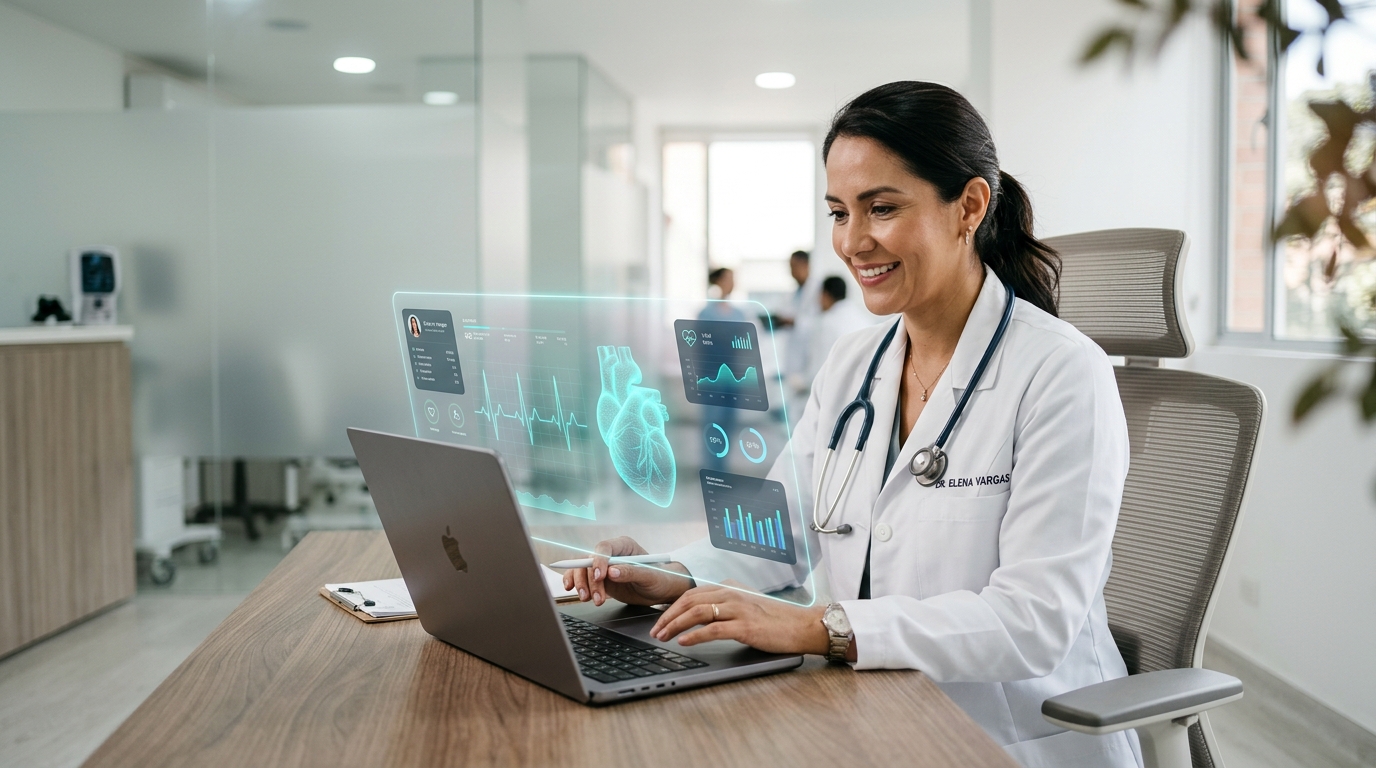Médica usando la inteligencia artificial clínica de SUNUBE